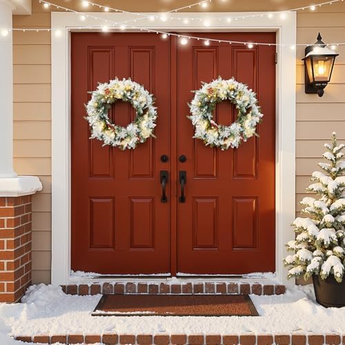 VINGLI 18" Flocked Christmas Wreath 2 Pack with Battery LED Lights