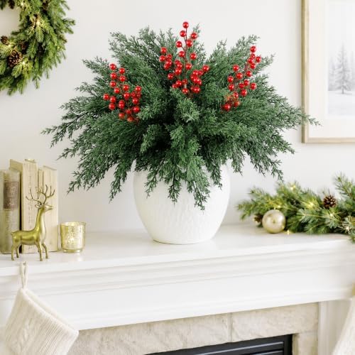 Watayo 10 Pcs 16.5" Christmas Artificial Pine Branches with Red Berry Stems