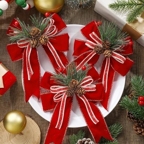 Moucuny 6 Pcs Christmas Velvet Bows Red 5 x 6 Inch for Tree
