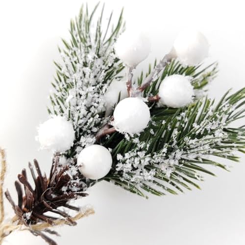 TIHOOD 20PCS 8inch Artificial Christmas Floral Picks, White Fake Berry Picks Stems, Pine Branches with Pinecones Holly Leaves for Vase Floral Arrangement Wreath Winter Holiday Season Decor Crafts