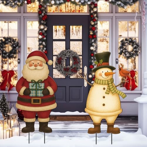 2 Pack Christmas Yard Stake, 3D Santa Snowman Metal Metal Stake