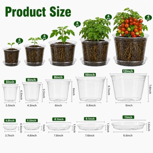 MIXC 12/10/8/6/5 Inch 20 Pack Clear Nursery Pots with Drainage & Sacuer
