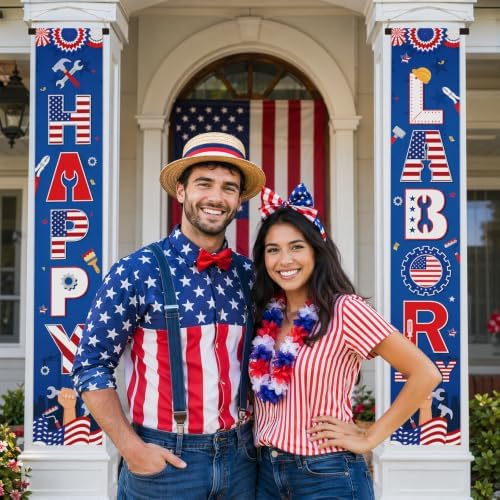 Labor Day Decorations Outdoor - 2 Pcs Happy Patriotic Door Banner