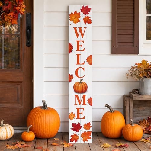 Fall Welcome Porch Sig 47" Tall Vertical Wooden Sign with Pumpkin Maple Leaves Farmhouse Rustic Autumn Thanksgiving Harvest Decoration Standing Hanging for Front Porch Indoor Outdoor
