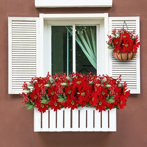 Sggvecsy Artificial Poinsettia Bouquet 17’’ Poinsettia Bush Christmas Flowers Holly Berry Stems with Red Berries Holly Leaves for Home Porch Garden Indoor Outdoor Holiday Xmas Decorations (Pack of 6)