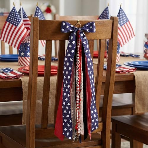 Patriotic Bow for Wreaths, 27.5" Red White Blue 8-Layer Wired Ribbon, Clip-On Stars Stripes Memorial Veterans Independence Day Front Door Decor