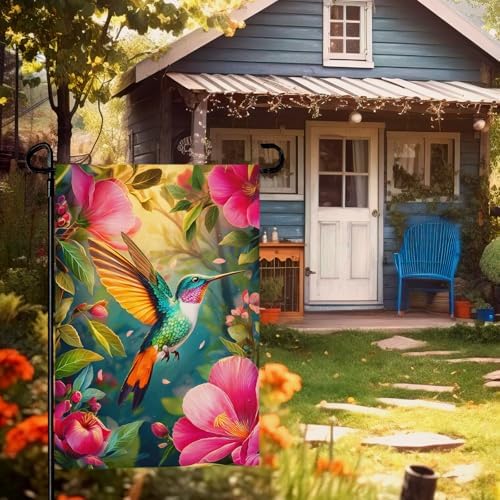 Hummingbird Spring Garden Flags 12 x 18 Summer Flower Garden Flag Bird Floral Seasonal Yard Flags Double Sided for Outside Lawn Outdoor Decorations