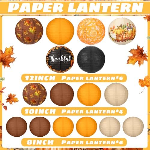 Bencailor 16 Pcs Fall Paper Lanterns Fall Party Paper Lanterns Thanksgiving Orange Pumpkin Fresh Round Thankful Maple Leaves Hanging Party Decorations for Autumn Harvest Outdoor Decor