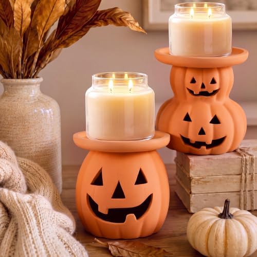 Tioncy 2pcs Halloween Decor Terracotta Jack O Lantern Pumpkin Candle Holder
