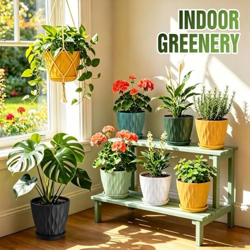 8 Inch Plant Pots 2 Pack, Plastic Pots Drainage Holes & Saucers
