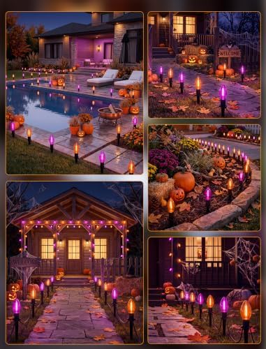 Halloween Pathway Lights 19.5FT, 10 C9 LED Purple & Orange Bulbs Plug In