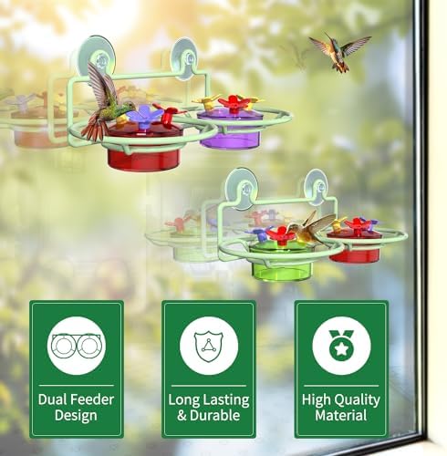 Dreamdrawer 2 Pack Window Hummingbird Feeder, Small Hummingbird Feeder for Outdoors with Strong Suction Cup - Metal Base & 6 Feeding Ports, Easy to Clean and Refill, Green