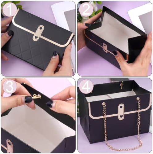 baotongle 6pcs Flower Paper Gift Box Bouquet Storage Bucket Handbag with Metal Chain Flower Boxes for Arrangements Wedding Valentine's Mother's Day Birthday Bridal Shower Black