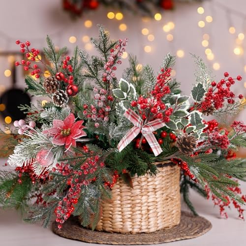 10 Christmas Berry Branches 12-30", Artificial Pine Cones Picks