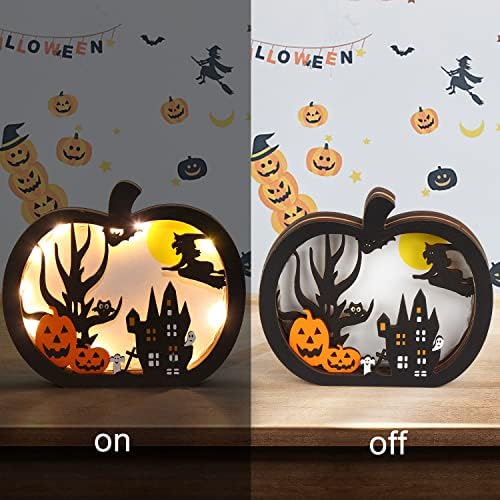 SULOLI Halloween Wooden Lighted Pumpkin for Tabletop, 2pcs Light Up Pumpkin Ghost Lamp Lantern Shadow Box Halloween Table Decorations Ornament