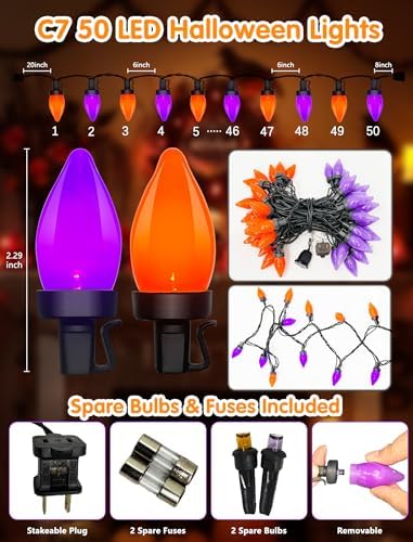 SUNSGNE 26FT Orange and Purple Halloween String Lights, 50 LED Bulbs