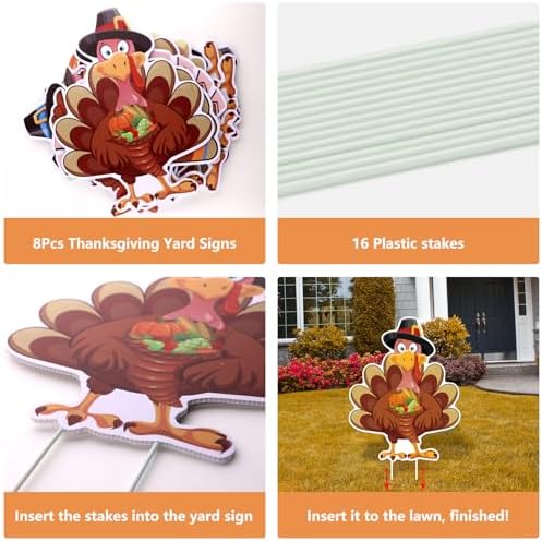Thanksgiving Plastic Turkey Yard Signs 8pc with Stakes