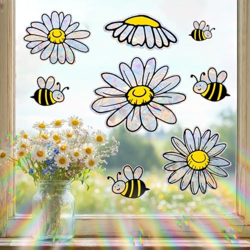 16PCS Spring Summer Bee Sunflower Window Clings Non Adhesive Rainbow Clings for Glass Window Decals to Prevent Bird Strikes Anti Collision Window Bird Stickers, Rainbow Sticker