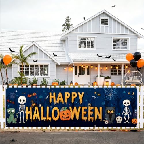 118"x35" Extra Large Happy Halloween Banner Big Spooky Halloween Backdrop for Giant Outdoor Yard Easy Hang with Ropes&Grommets–Perfect for Fence, Porch, Garden, Haunted House Party Signs (Monster Doodle, 118"x35")