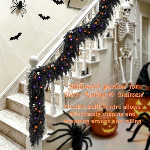 9ft Black Halloween Cedar Garland for Mantle, Soft Touch with Purple Lights