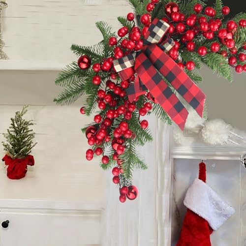 CITYES Christmas Swag Decoration Floral Swag with Berries and Ribbon Bows Christmas Balls 27.56 Inch Greenery Christmas Swag Xmas Door Swag for Front Door Festival Decor Wall Arch Window