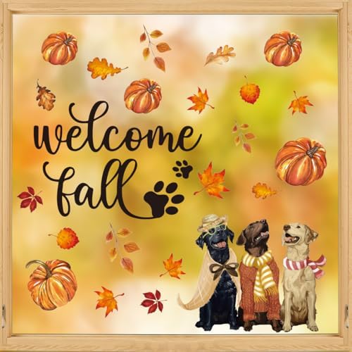 Horaldaily 74Pcs Fall Thanksgiving Window Clings, Dog Pumpkin