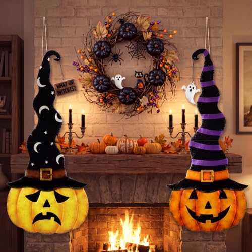 RattanView 2 Pack Halloween Pumpkin Door Hanger Front Door Sign Decor