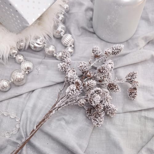 Wavwavw 6 Pcs Snowy Flocked Pinecone Picks 24.8 Inch Artificial Pinecone