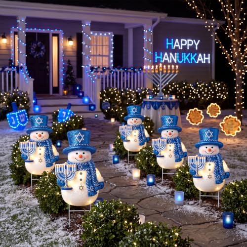 Hotop 20.47 Inch Metal Hanukkah Snowman Yard Signs with Stakes Chanukah Outdoor Holiday Lawn Decorations Hanukkah Garden Stakes for Jewish Holiday Garden Yard Patio Party Supplies
