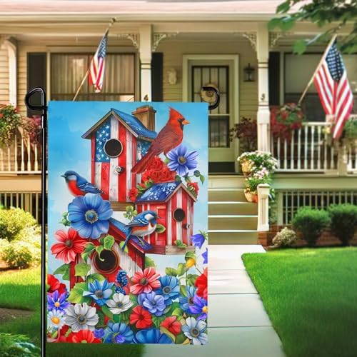 Summer Cardinal Bird Flower Garden Flag Patriotic Floral Yard Flags American Memorial Day 4th of July Flags Double Sided Rustic Farmhouse Garden Yard Seasonal Holiday Outdoor Decor 12×18 Inch
