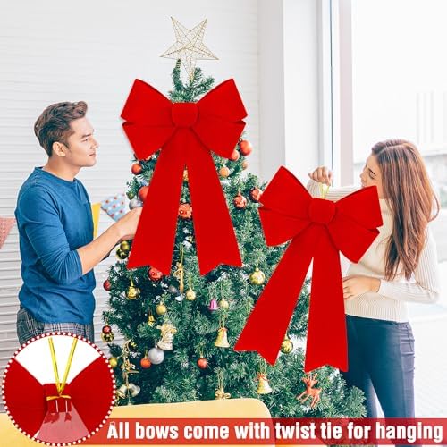 12 PCS Christmas Decorations, 12 x 18 Inches Large Christmas Bows, Red Velvet PVC Indoor Outdoor Christmas Tree Bows Wreath Bow Party Supplies Xmas Ornaments for Door Fireplace Stairs Railing