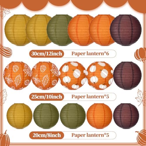 Bencailor 16 Pcs Fall Paper Lanterns Fall Party Paper Lanterns Thanksgiving Dark Orange Pumpkin Round Thankful Maple Leaves Hanging Party Decorations for Autumn Harvest Outdoor Decor