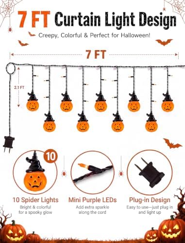 Abeja Halloween Pumpkin Curtain String Lights, 7FT Hanging Window Lights