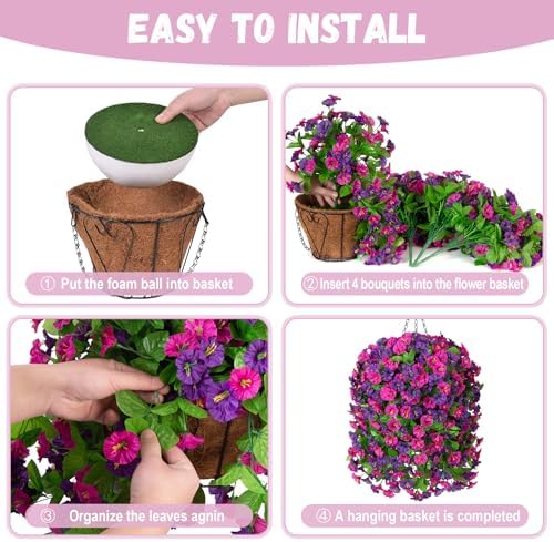 Artificial Flowers with Hanging Basket, Outdoor Faux Plants UV Resistant