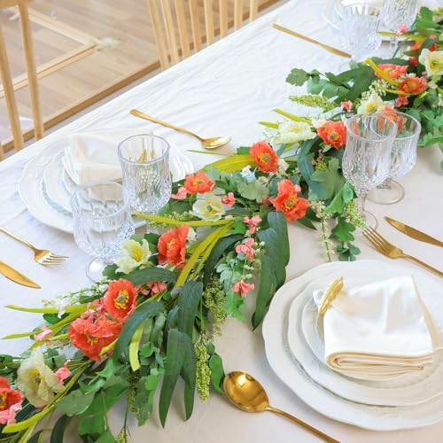 Mizii Red Artificial Flower Garland 6FT Fake Poppy Floral Garland Hanging Vines Spring Summer Flowers Decorations for Mantle Table Centerpieces Room Wall Fireplace Wedding Decor (Red)