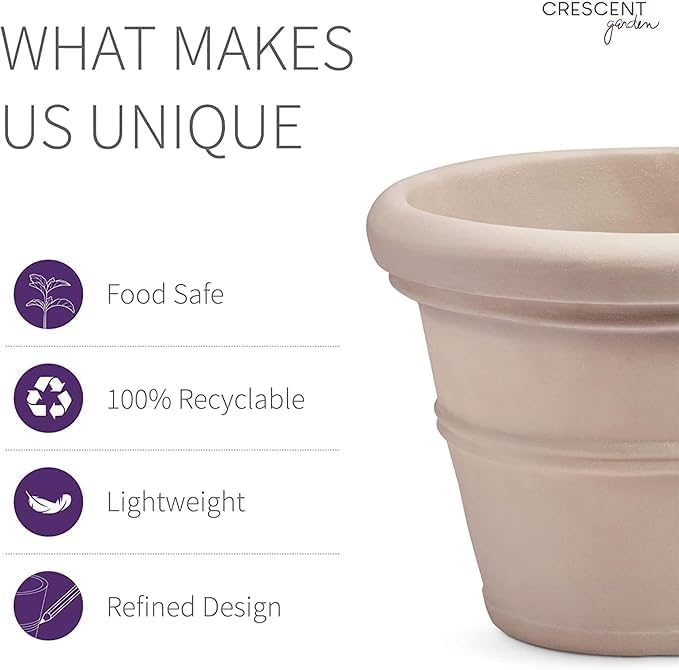 Crescent Garden Brunello Small Classic Planter, Indoor/Outdoor Weather-Safe Round Plant Pot, Small Resin Houseplant Pot