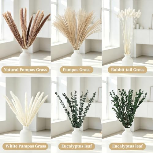Boho Dried Flower Bouquet with Pampas Grass, Bunny Tail Grass, Reed & Preserved Eucalyptus – Natural Floral Arrangement for Home Decor, Wedding Centerpiece & Vase Filler