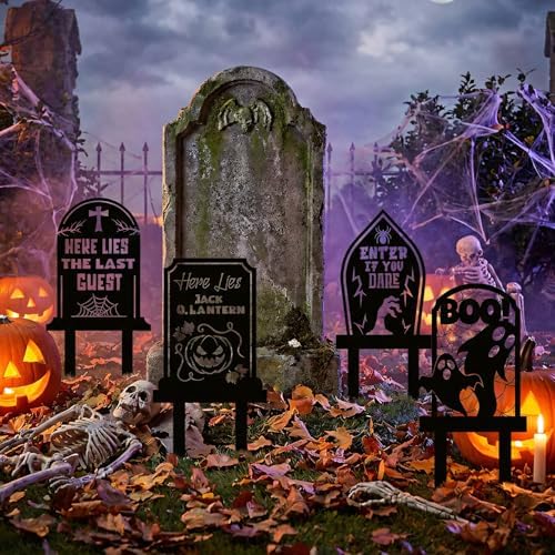 Rngmsi Halloween Yard Decorations Outdoor, 4PCS Halloween Outdoor Tombstone Yard Lawn Stakes, Gravestone Lawn Sign with Stakes Waterproof Halloween Garden Stakes for Outside Scary Spooky Decor