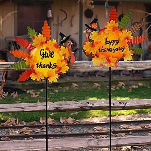 Juegoal Set of 2 Turkey Garden Stakes Thanksgiving Decor, 36 Inch Metal Fall Turkeys Yard Stakes, Give Thanks & Happy Thanksgiving Yard Signs Ornaments for Outdoor Lawn Pathway Patio