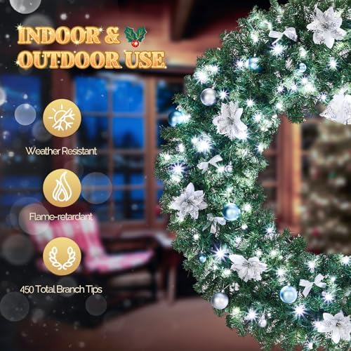 VINGLI 48 Inch Prelit Christmas Wreath Fireplace, Holiday Decor Blue Silver