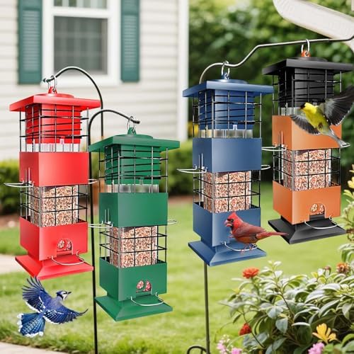 Squirrel Proof Bird Feeder, 3.5Lb Metal Bird Feeders for Outdoors Hanging, Weight Activated Birdfeeder with 4 Ports for Outside, Cardinal Finch Bluebird,Pigeon and Rat Resistant (Blue)