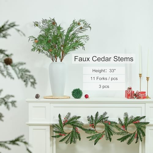 Heleze 33 Inch Faux Cedar Stems with Pine Cones, Christmas Greenery Stems Artificial Pine Branches Fake Cypress Picks for Vase Home Decor 3 Pcs