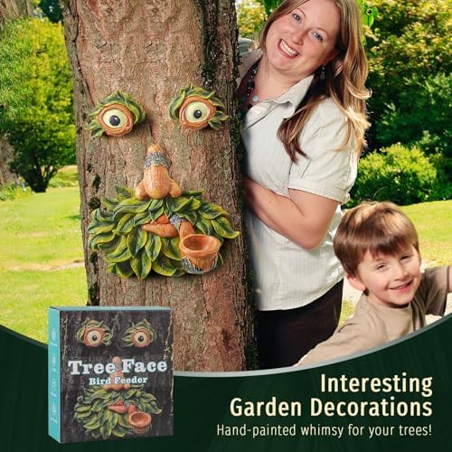 Tree Faces Decor Outdoor with Bird Feeder, Whimsical Tree Art - 8 Inch
