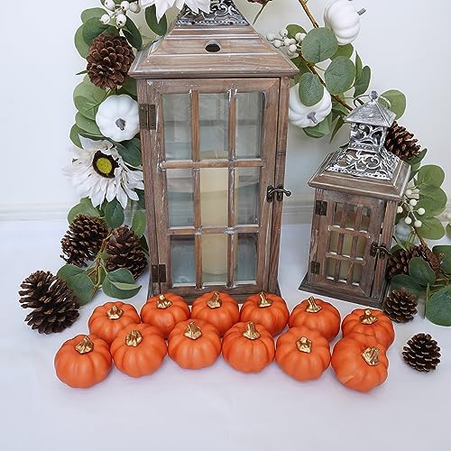 Winlyn 12 Pcs Small Harvest Orange Artificial Pumpkins Decorative Fall Pumpkins Dark Orange Faux Foam Pumpkins for Rustic Farmhouse Halloween Thanksgiving Party Table Centerpiece Autumn Home Décor