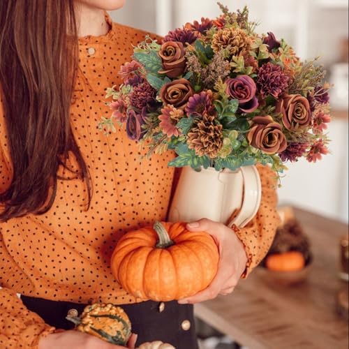 4 Pcs Fall Flowers Artificial Decoration, Silk Fall Bouquet Burgundy Orange