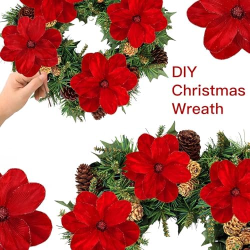 Sggvecsy 10Pcs Christmas Glitter Flowers Velvet Magnolia Flower Christmas Tree Ornaments Artificial Poinsettia Floral Picks for Xmas Wedding DIY Crafts Wreath Party Floral Decorations(Red)