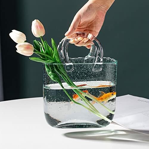 Purse Vase for Flowers, Fish Bowl with Bubble, Handbag Shape Clear Glass Vase, 10.6 inch Plant Vase for Christmas, Birthday Gift, Table Decor- Transparent