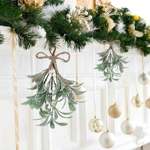 Mistletoe Decoration 9 Inch Mistletoe Christmas Decor with Berries Artificial Mistletoe Pick Kissing Ball Christmas Mistletoe Hanging Ornament for Tree Door Holiday Decor (White, 6PCS)