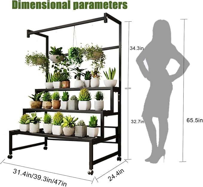 4 Tier with Hanging Tall Plant pot shelf, with Rollers (BLACK, 39IN) | L39*W24.4*H67in Large Metal Plant Stand, Heavy