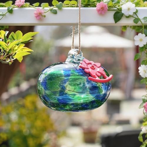 QFkris Blown Glass Hummingbird Feeder for Outdoors Hanging, Small Hummingbird Feeder with Flower Feeding Ports for Outside Garden Backyard Decor, Gifts for Women Mom(Green)